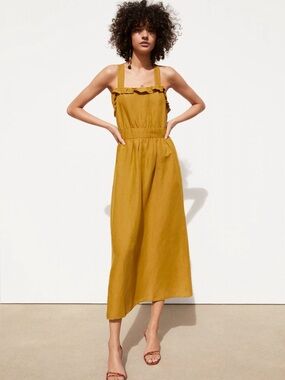 zara linen dress sale ZARA On Sale ASYMMETRIC MIDI DRESS WITH LINEN BLEND APPLIQU